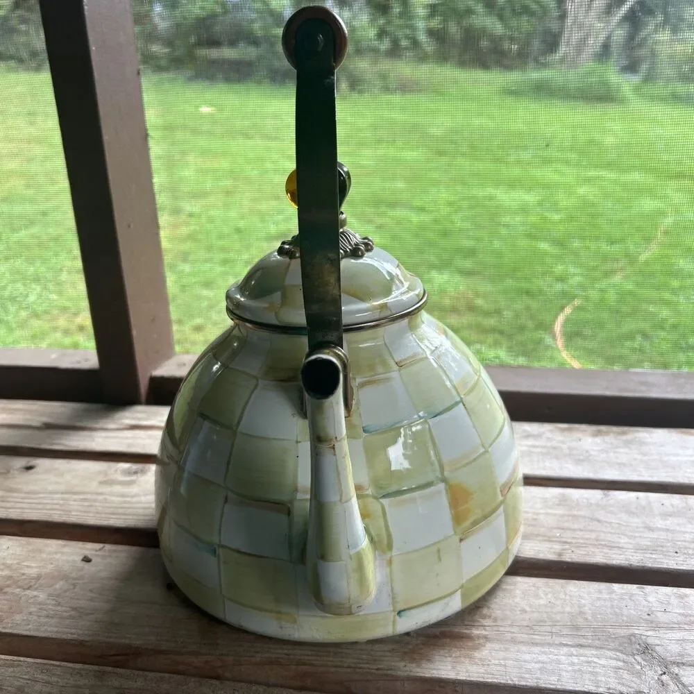 Parchment Check Enamel Tea Kettle Retired  3 QT M Childs